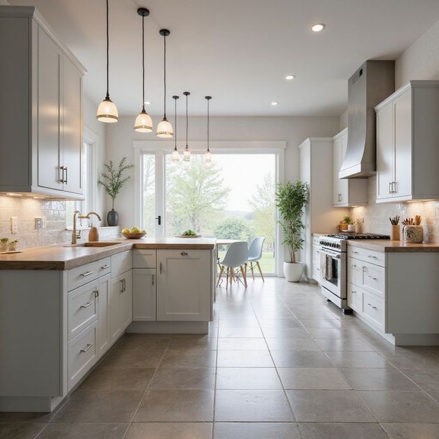 Modern white kitchen with wood countertops, pendant lights, and a large window overlooking a yard.