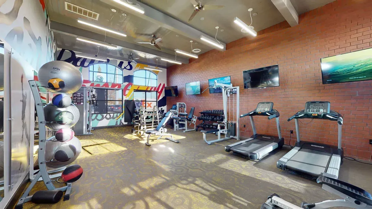 A gym with treadmills , dumbbells , and a soccer ball.