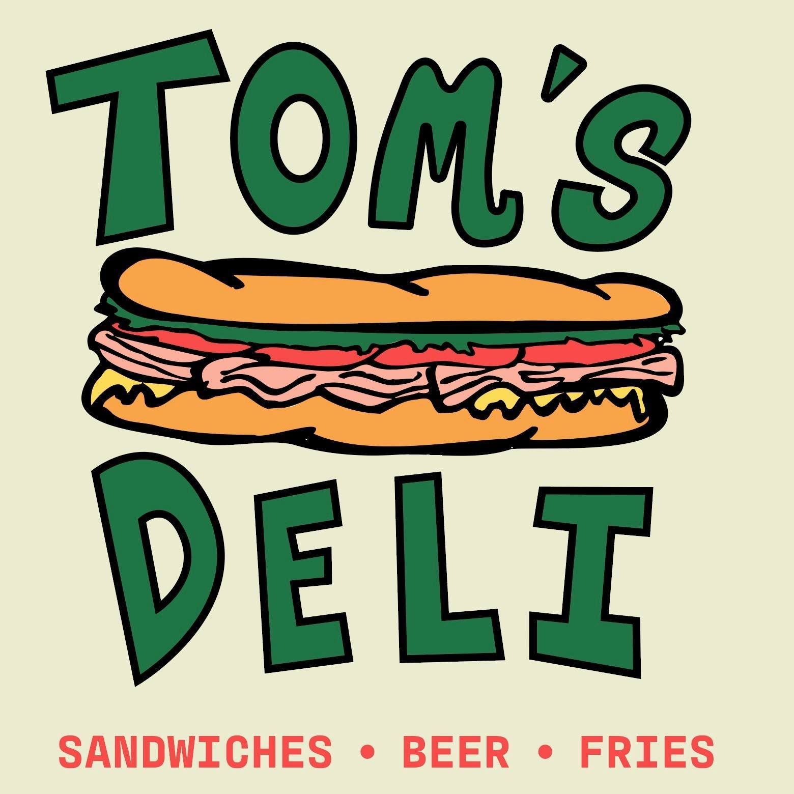 A logo for tom 's deli sandwiches beer and fries