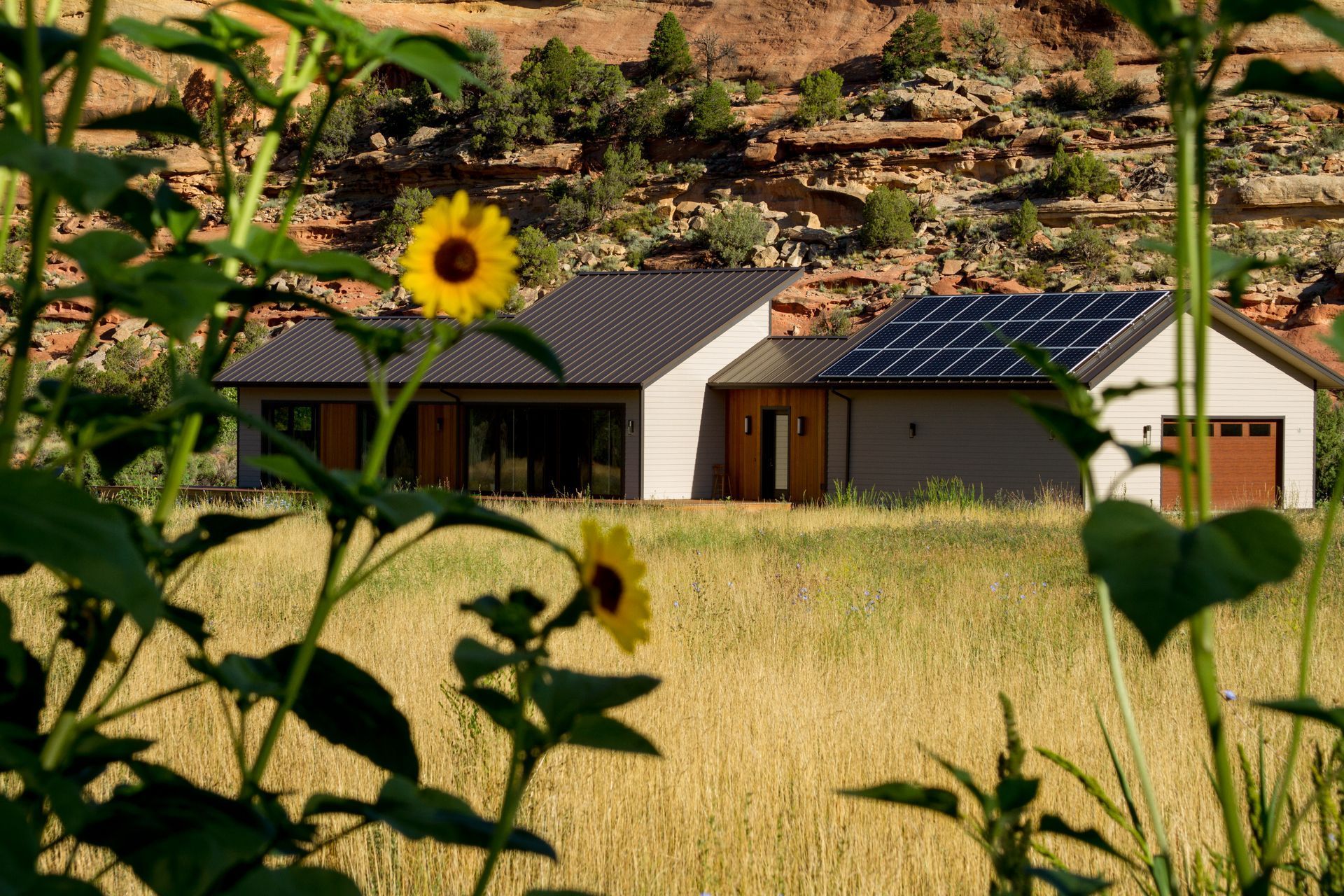 A house with solar panels on the roof is surrounded by sunflowers in a field.