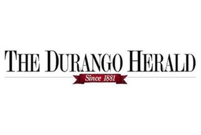The durango herald logo is a black and white logo with a red ribbon.