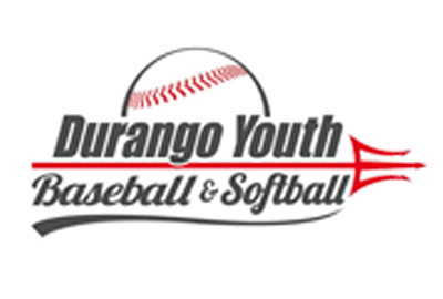 A durango youth baseball and softball logo with a baseball and an arrow.