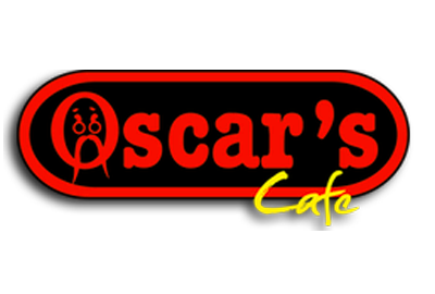The logo for oscar 's cafe is red and black