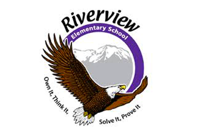 The logo for riverview elementary school shows an eagle flying over a mountain.