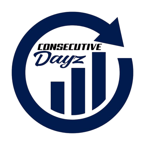 Logo: Dark blue circle with upward-pointing arrow, bar graph and text "Consecutive Dayz" in a stylized font.