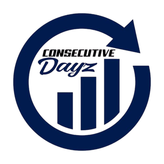 Logo: Dark blue circle with upward-pointing arrow, bar graph and text "Consecutive Dayz" in a stylized font.