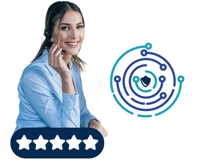 a woman wearing a headset is talking on a phone next to a five star rating icon .