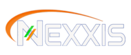 a white and orange logo for nexxis with a green arrow .