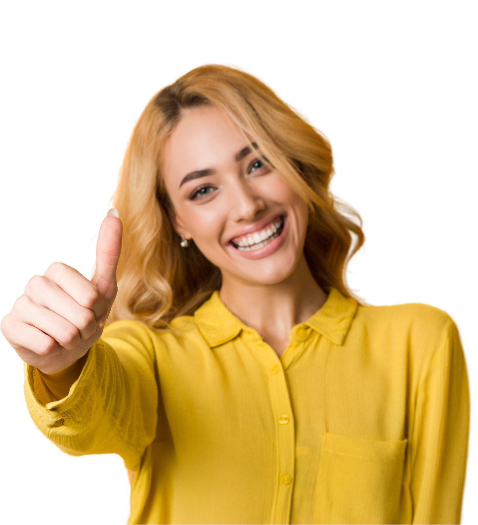 a woman in a yellow shirt is giving a thumbs up
