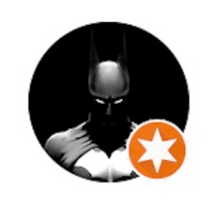 a black and white image of a batman in a circle with an orange star .