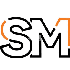 a black and orange sm logo on a white background