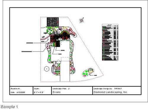 Landscape plan with a drawing of a yard with plants, trees, and other design elements.