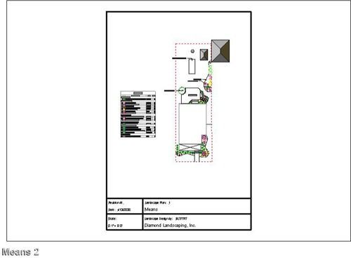 Landscape plan with details of a property layout, including a house and garden features.