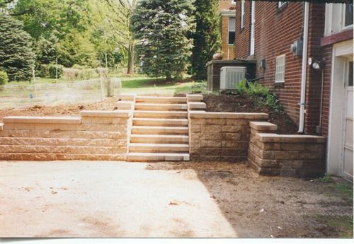 Stone retaining walls and steps leading up a hillside, next to a brick building.