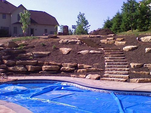 Pool with a blue cover, stone steps, and a landscaped hill leading to a house.