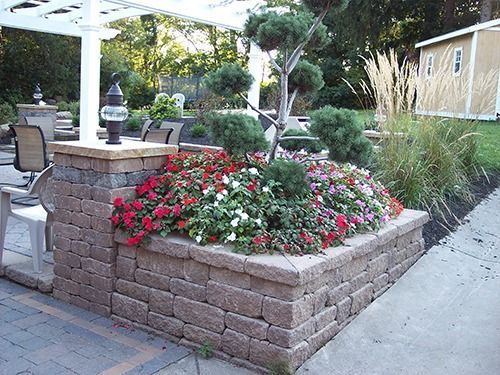 Brick flower bed filled with red, white, and pink flowers in a garden setting, with a pergola and small shed in the background.
