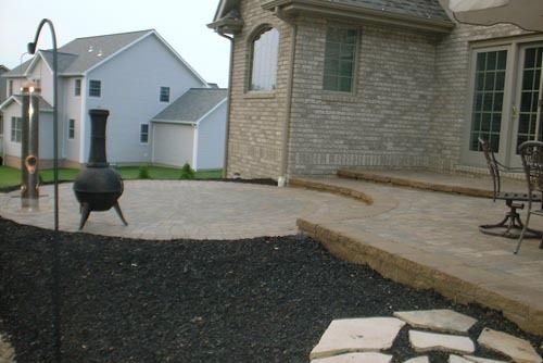 Patio with brick house, black mulch, and outdoor fire pit. Two-story houses in background.