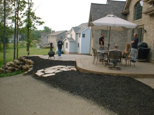 Backyard patio with people near table, a path of dark mulch, and nearby houses.