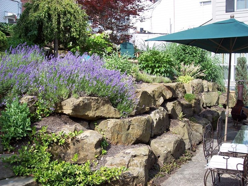 Stone retaining wall with lavender and other plants, patio with umbrella.
