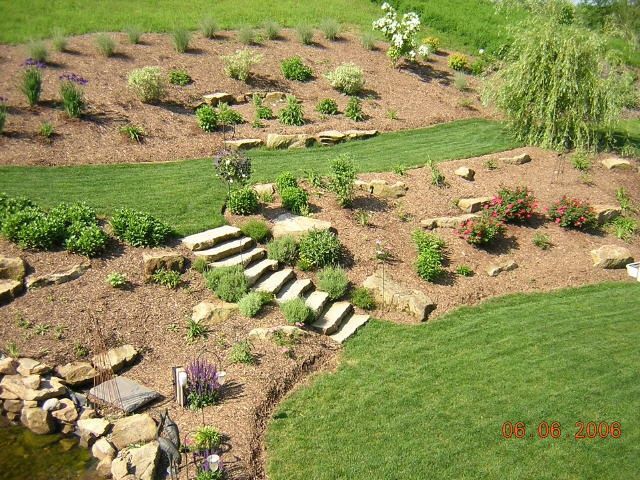 Landscaped hillside with stone steps, plants, and mulch. Green grass and a weeping willow tree visible.