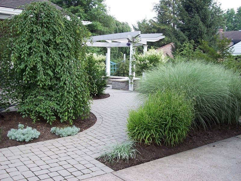 Brick pathway curves through a garden with a weeping tree, ornamental grasses, and a white pergola in the background.
