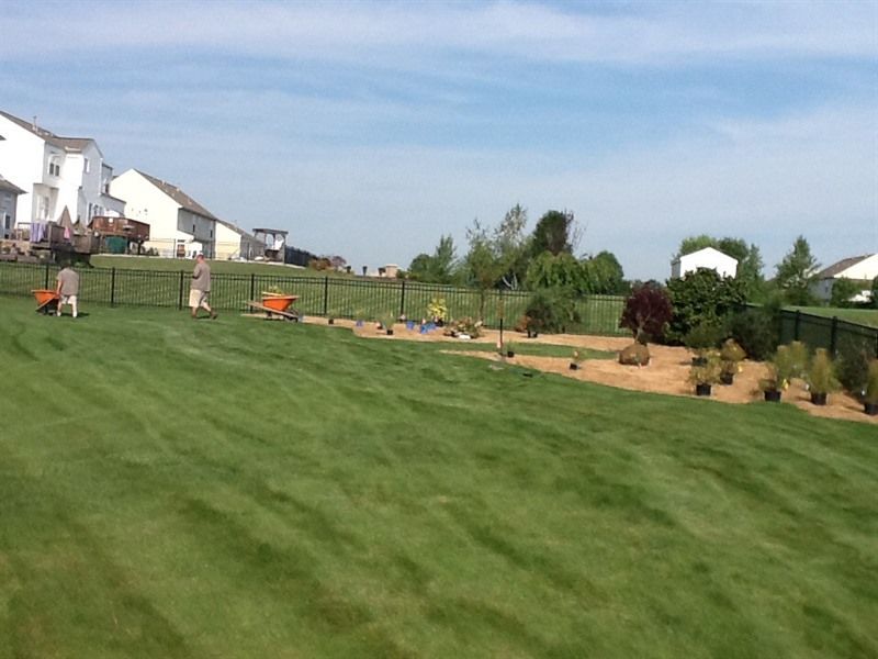 Lush green lawn slopes up to a black fence, landscaping beds with plants, and houses on a hill under a partly cloudy sky.