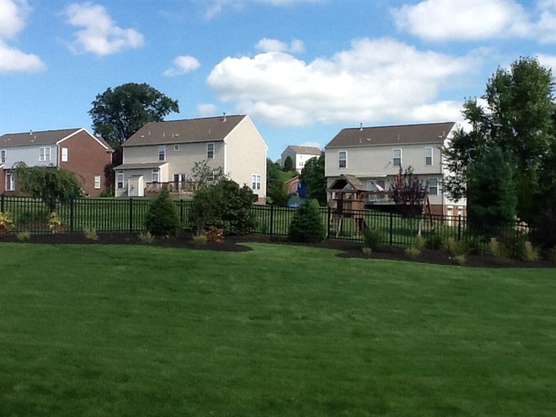 Backyards of houses with black fence, green lawn, trees, and partly cloudy sky.