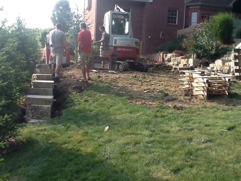 Construction site with workers, excavator, and stacked lumber near a house with stairs and a grassy slope.