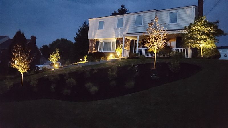 House illuminated at night with landscape lighting. Trees and bushes in front.