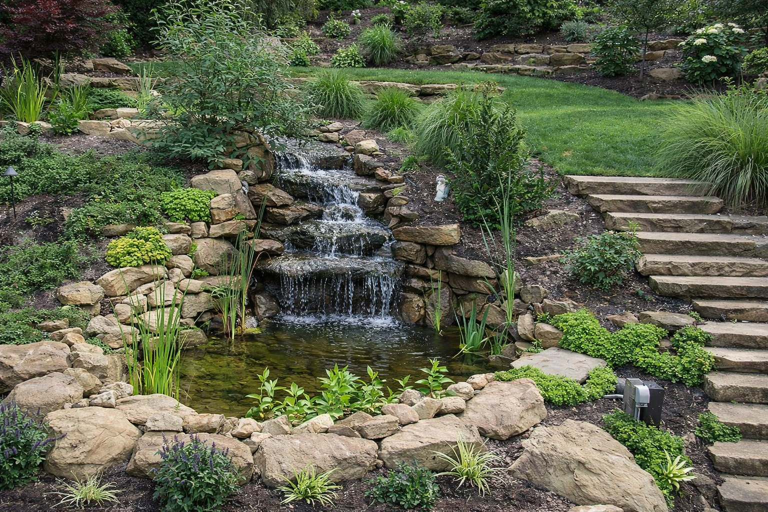 Waterfall cascading into a pond in a terraced garden with stone steps and lush greenery.