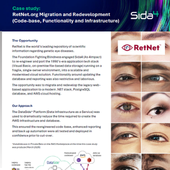 A case study document about RetNet.org migration, featuring the RetNet logo, text, and a grid of human eye close-ups.