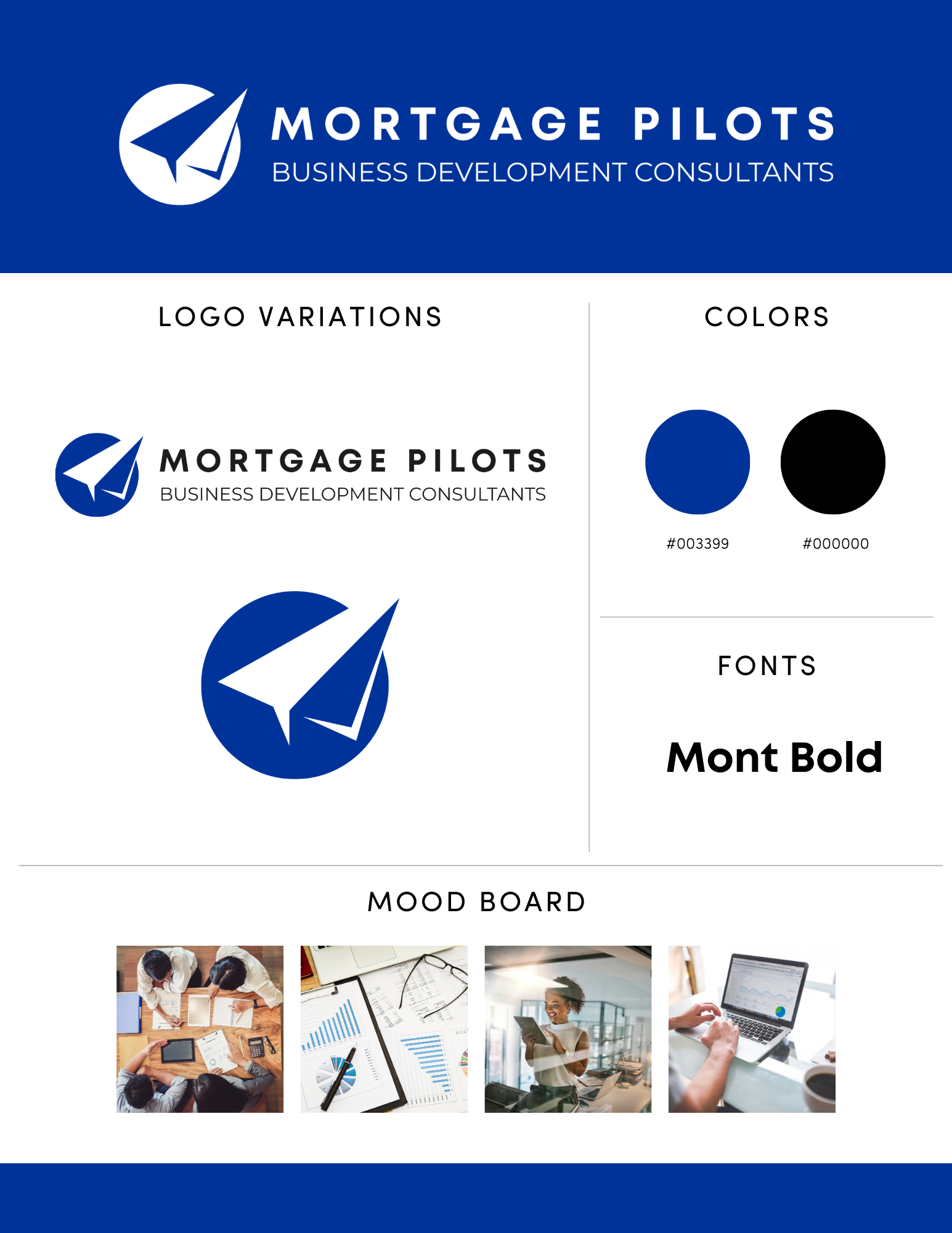 A blue and white logo for a mortgage pilots business development consultant.