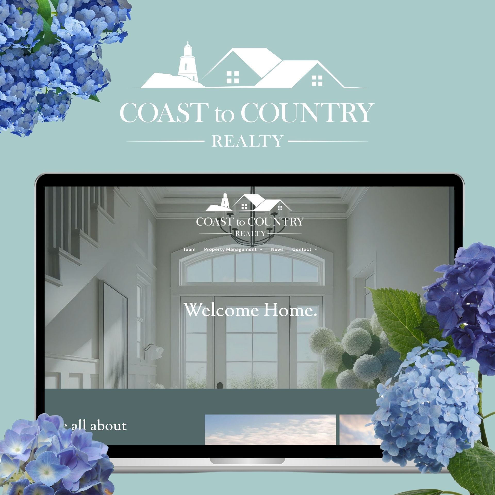 A coast to country realty website is displayed on a laptop