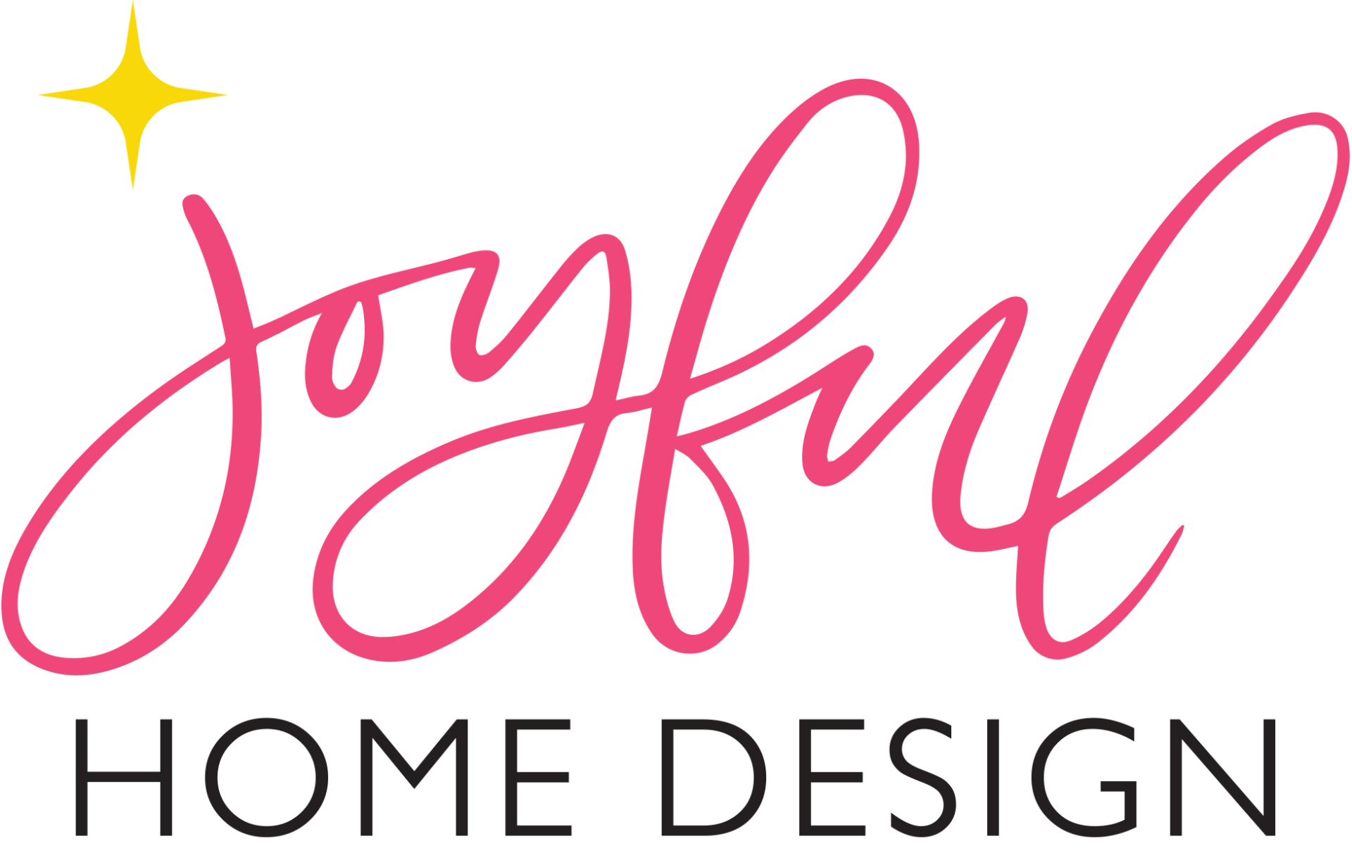 The logo for joyful home design is pink and black with a yellow star.