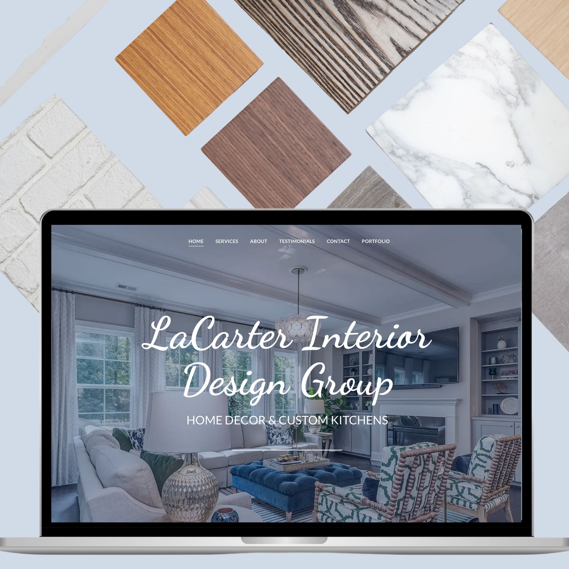 A laptop is open to the la carter interior design group website