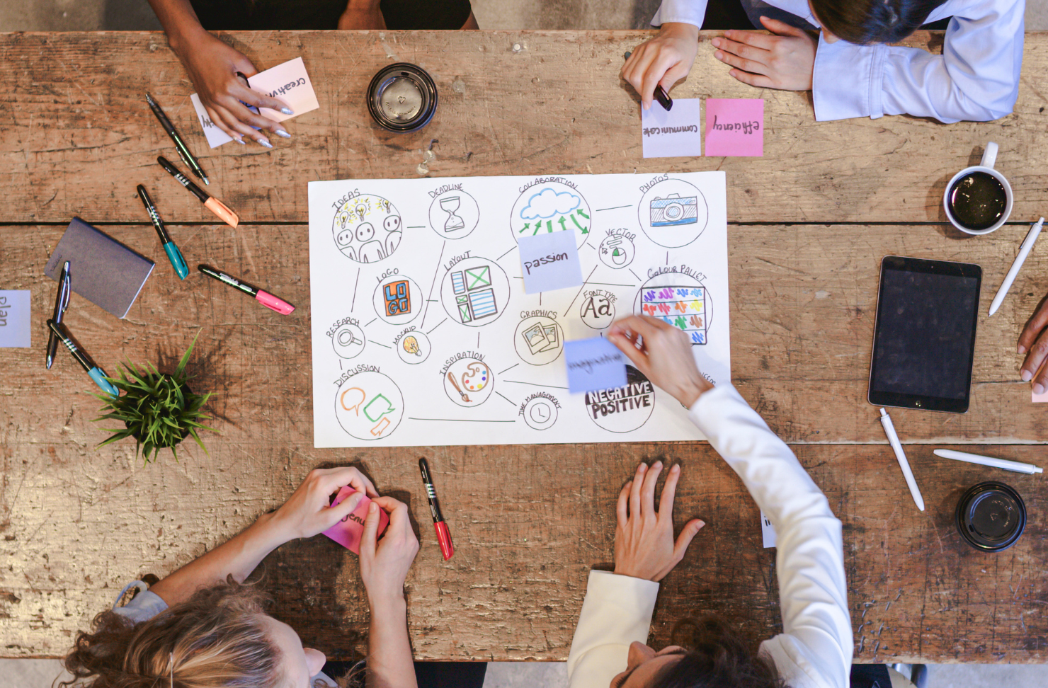 A group of people are sitting around a wooden table drawing on a piece of paper.