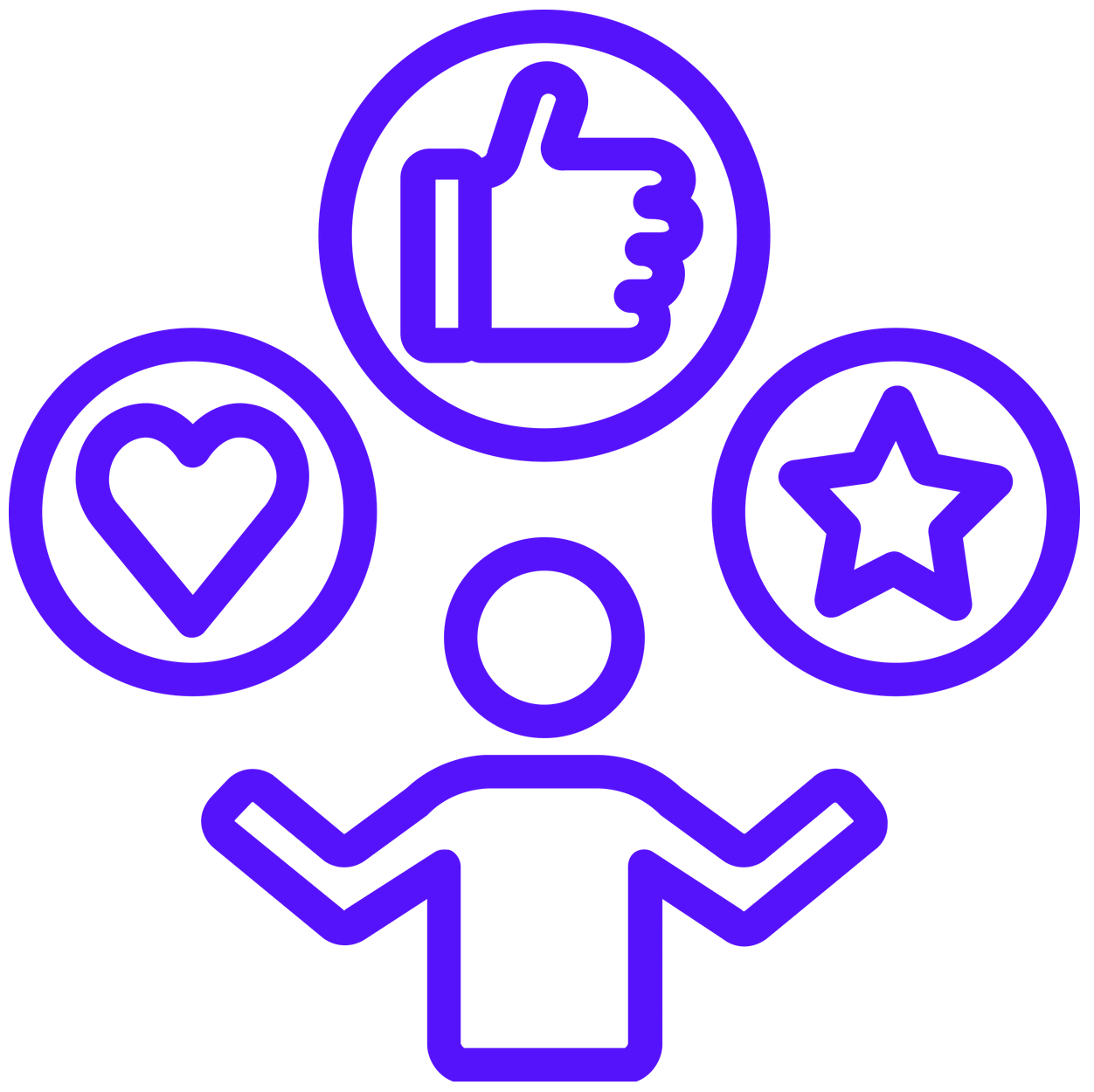 A purple icon of a person with a thumbs up , heart , and star.