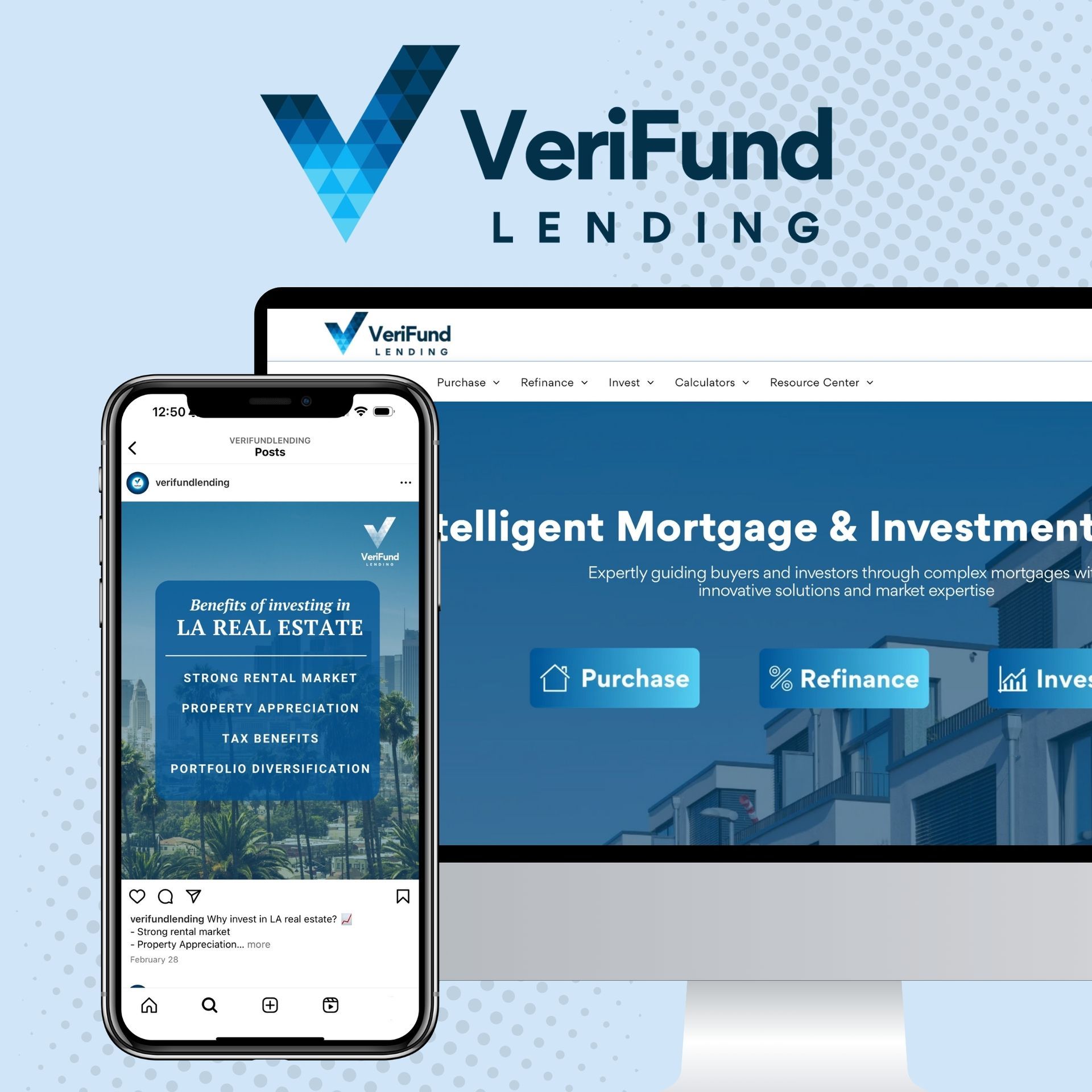 A phone and a computer are displaying the website for verifund lending