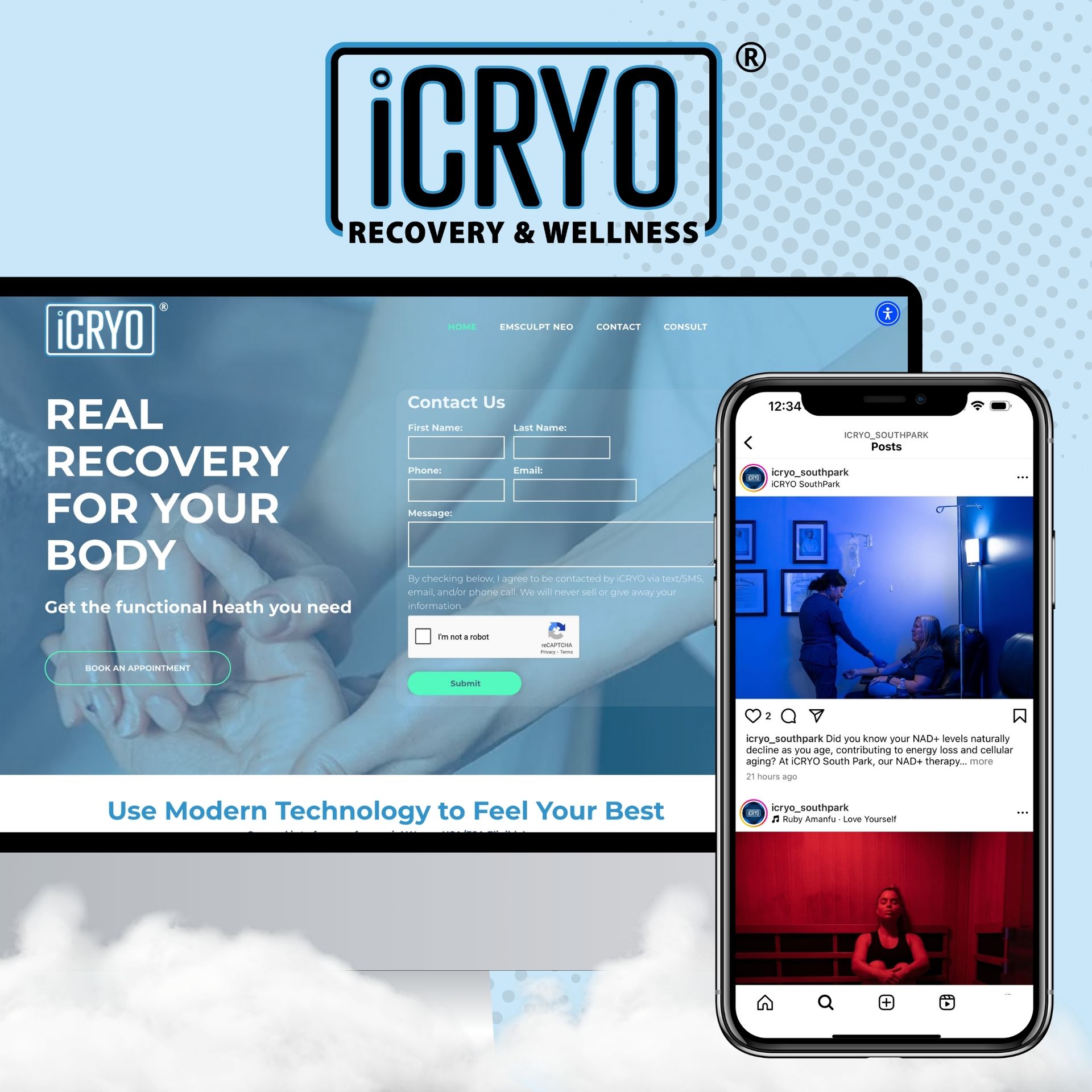 A computer screen and a cell phone are shown for icryo recovery and wellness