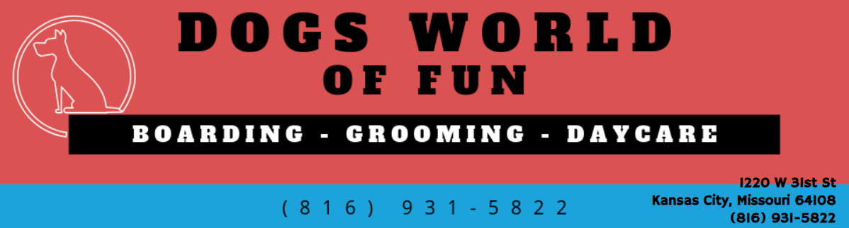 Red banner for Dogs World of Fun boarding, grooming, and daycare with dog logo and phone numbers.