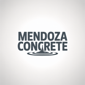 Mendoza Concrete logo: Dark grey text above a droplet-shaped design within concentric circles.