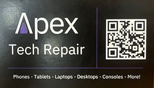 A sign for apex tech repair with a qr code on it.