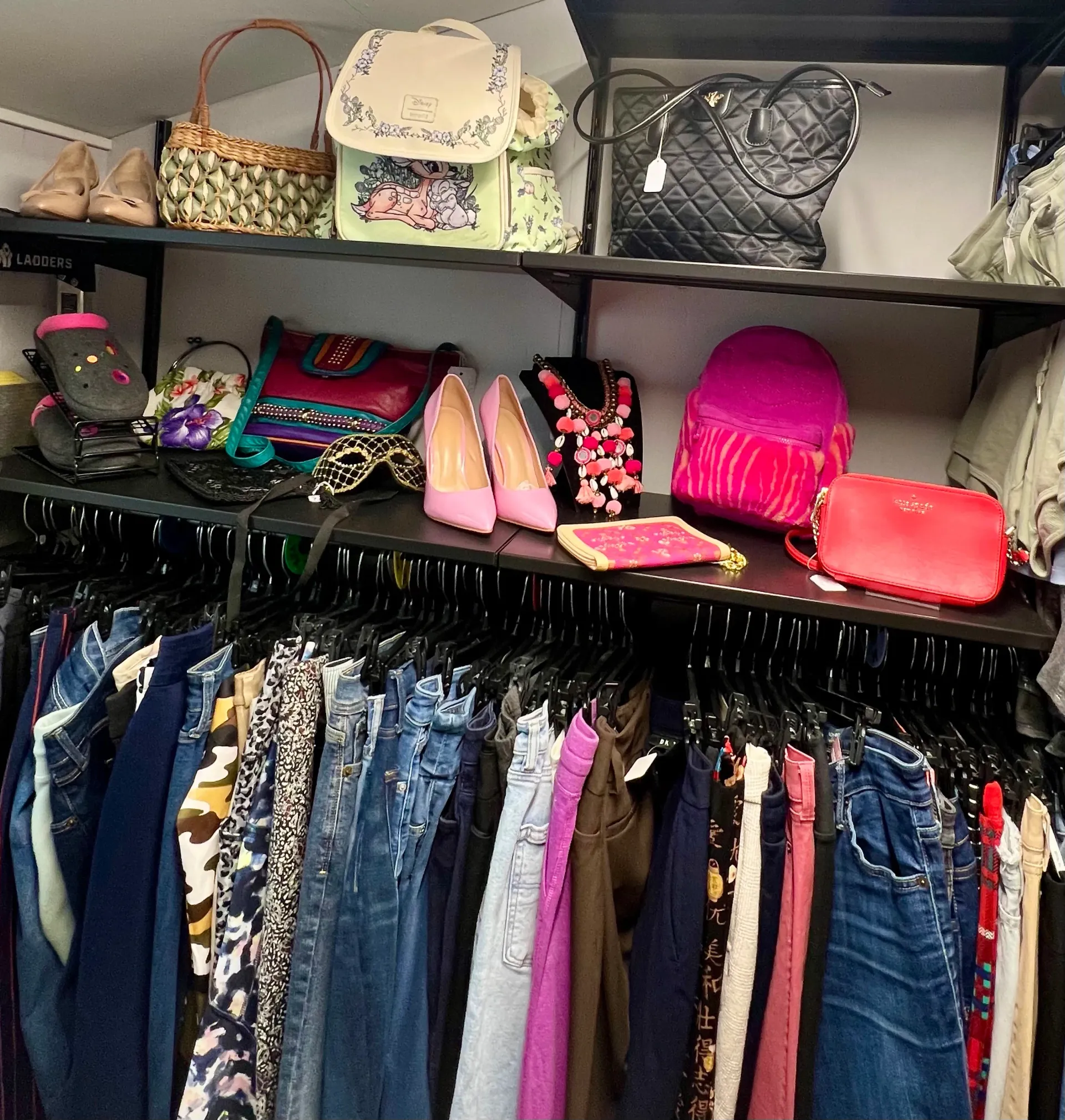 A closet rack filled with hanging pants below shelves holding various purses, shoes, and a necklace.