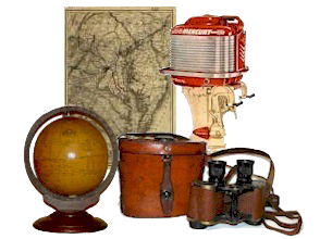 map, globe, motor, binoculars and case