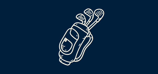 A drawing of a golf bag filled with golf clubs on a blue background