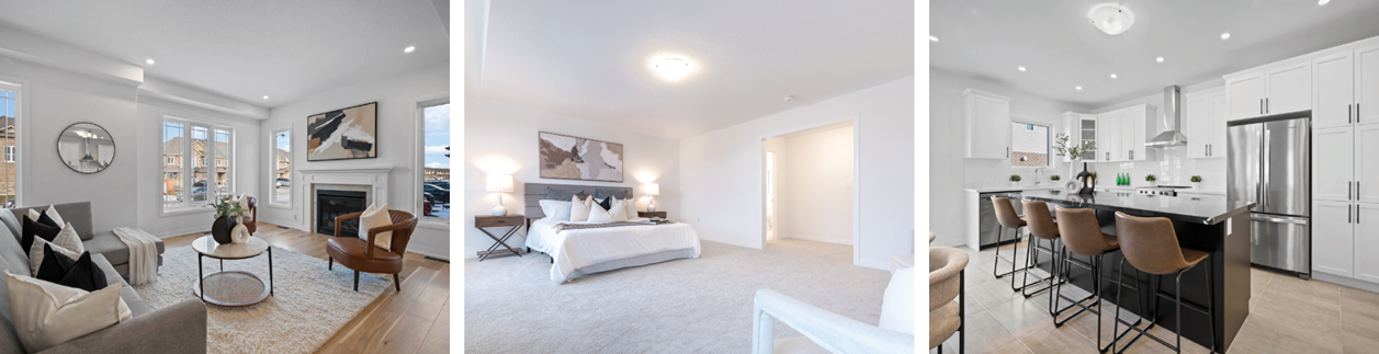 images of a new home's living room, bedroom and kitchen