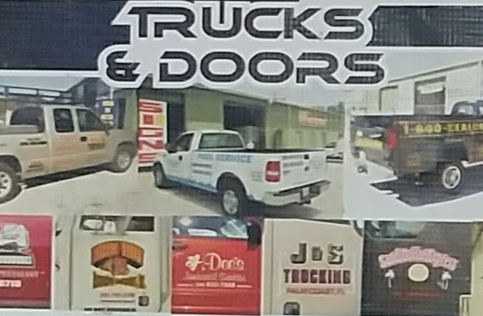 a collage of pictures of trucks and doors on a wall .