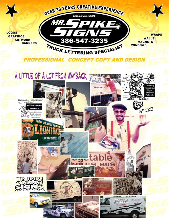 a poster for mr. spike signs with a collage of pictures