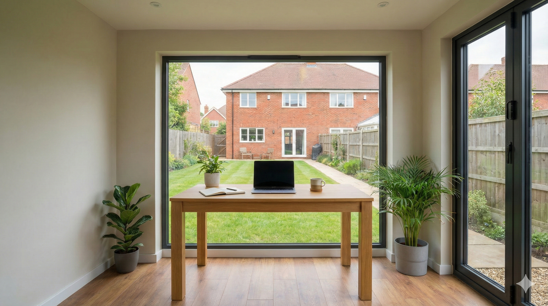 Home office with a wooden desk facing a large window overlooking a backyard and neighboring houses.