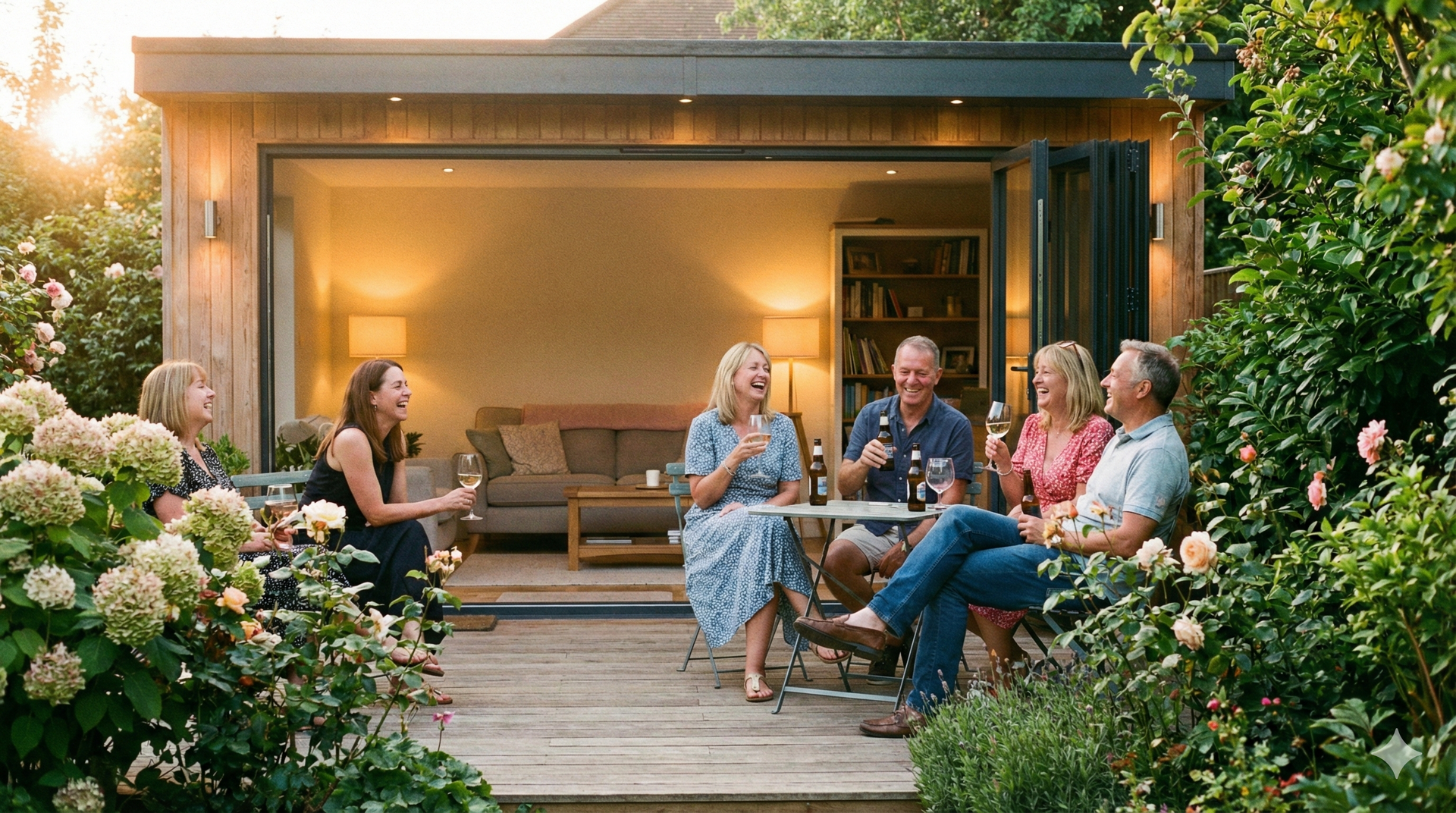 Group of people laughing, drinking, and relaxing on a patio outside a garden room. Evening light, lush greenery.